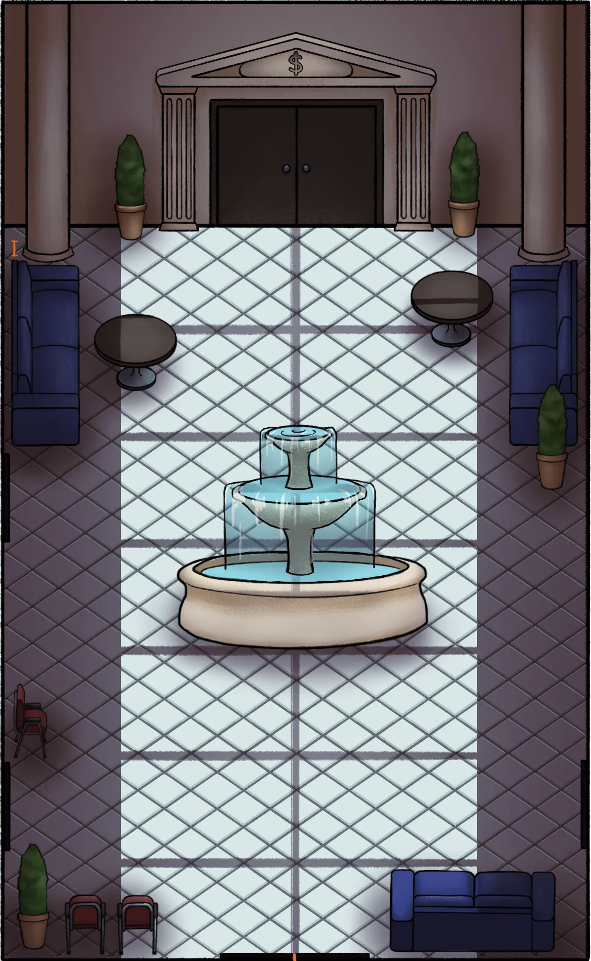 A drawing of a big atrium in a bank facility with a fountain in the middle.