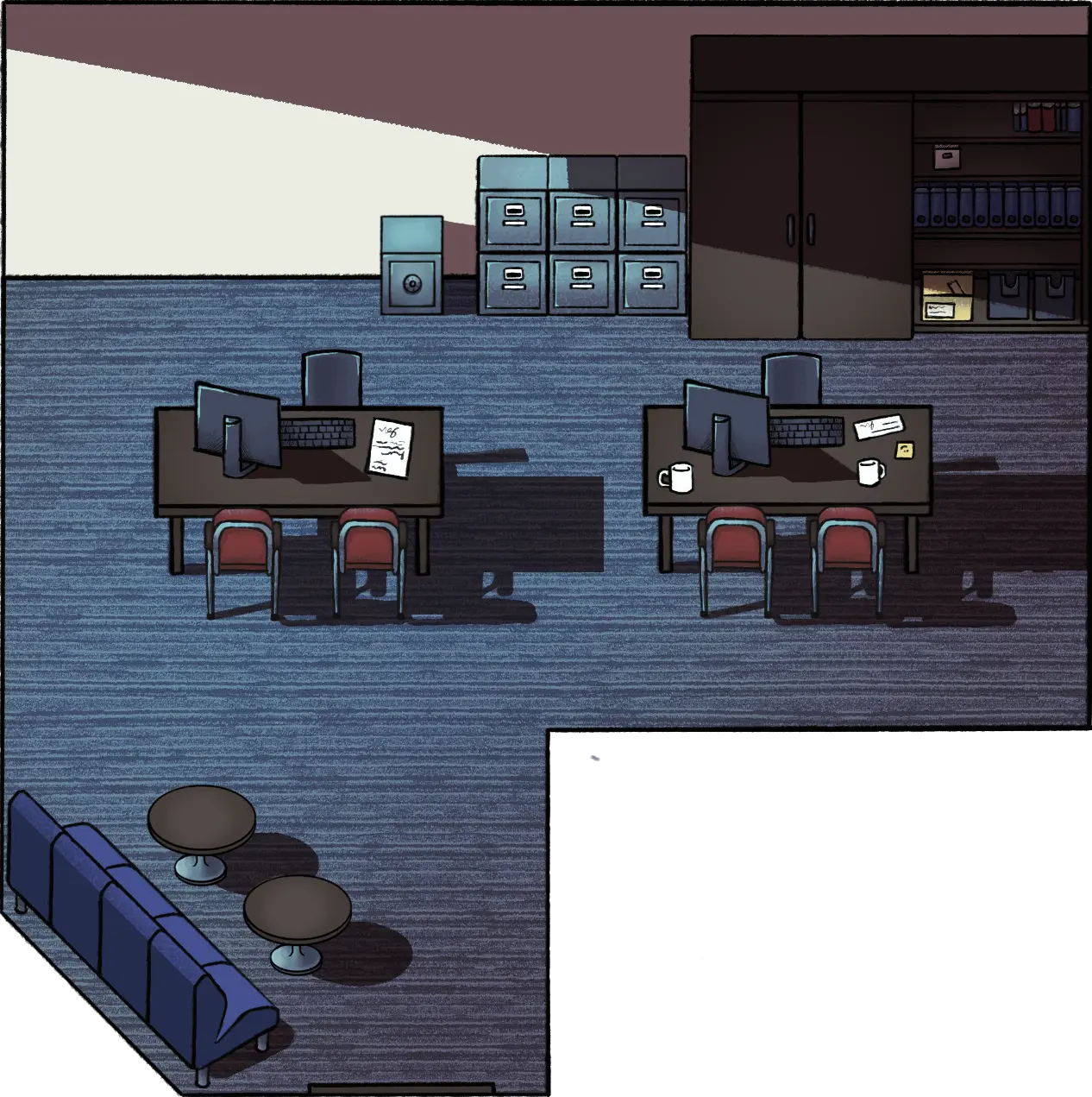 A drawing of a room for personal consultations with bankers in a bank facility.