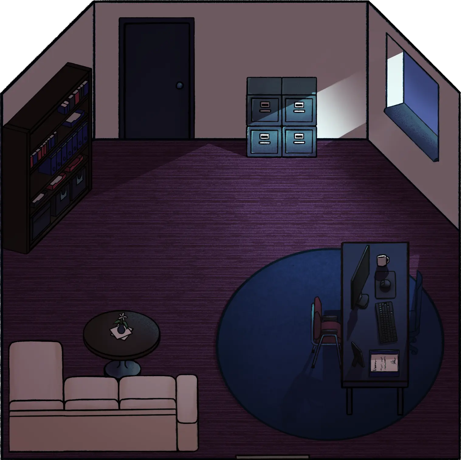 A drawing of a one person office room in a bank facility.