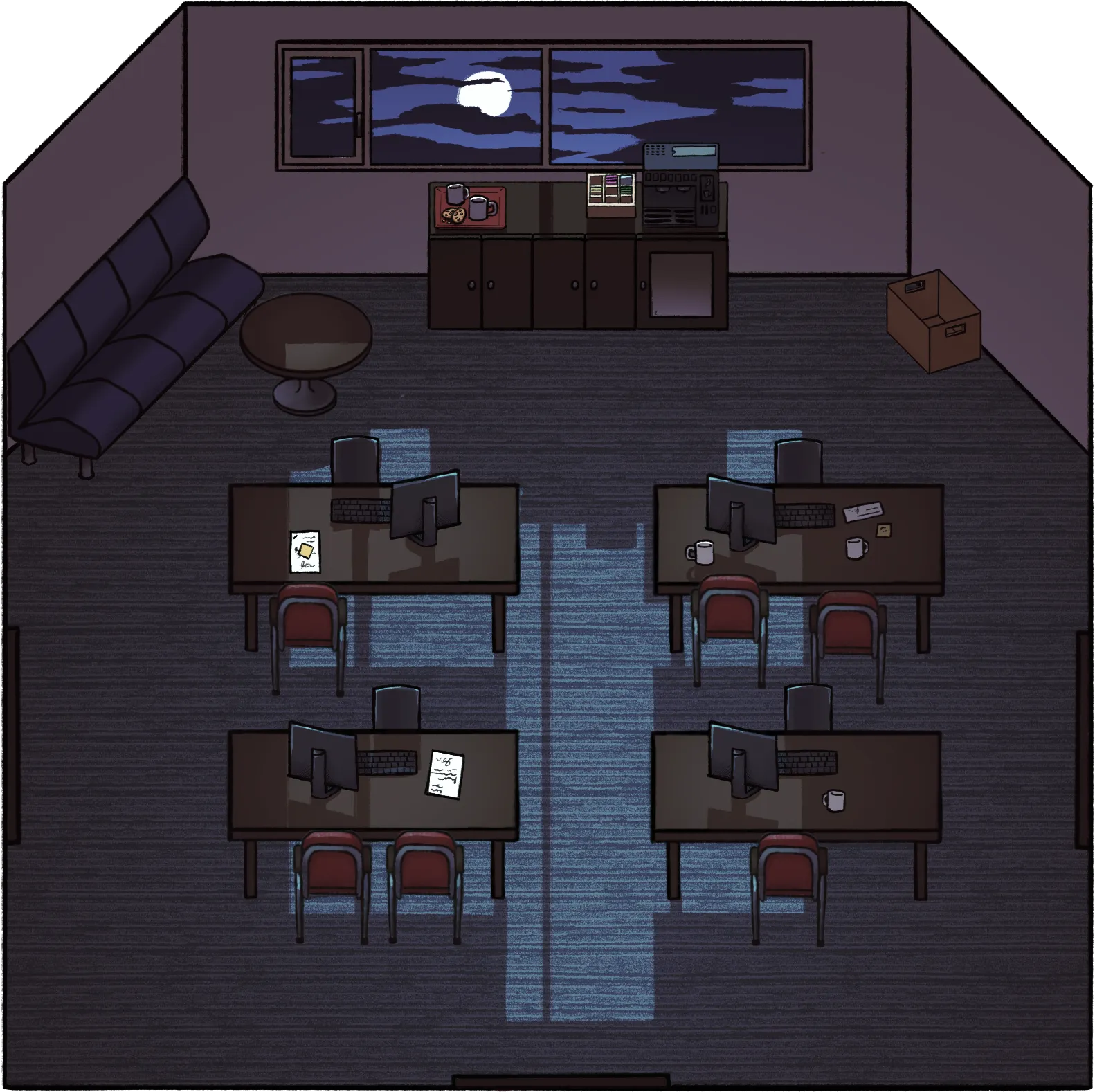 A drawing of a room for personal consultations with bankers in a bank facility, with windows showing a night sky in the background.