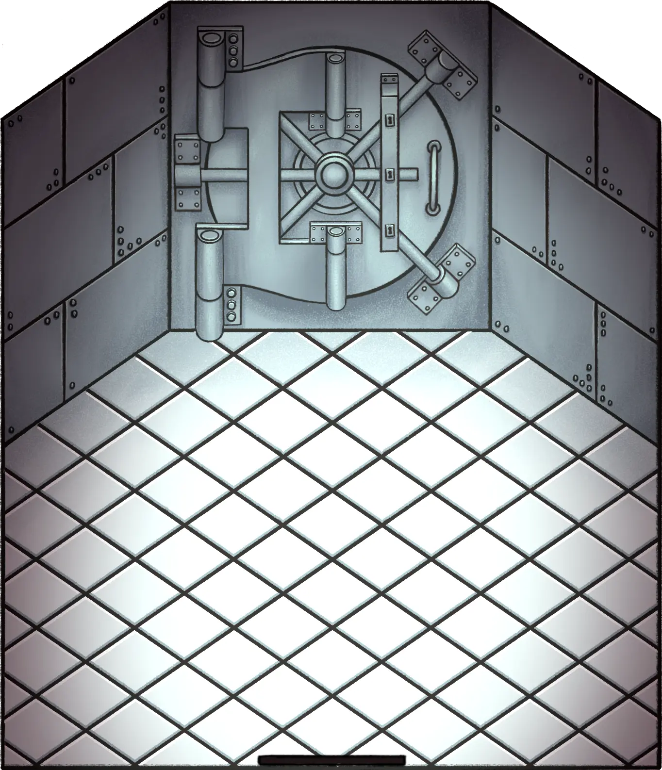A drawing showing a big closed vault door.