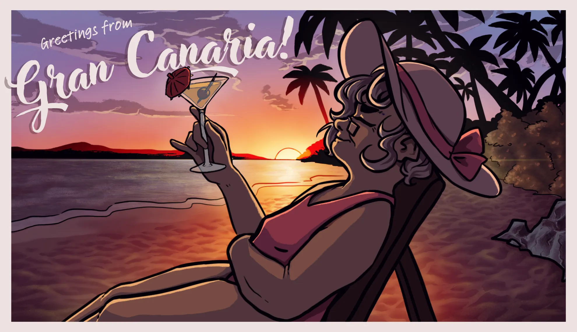 A drawing modeled after a postcard showing a grandma in a swimsuit holding a drink on a backdrop of a tropical sunset.