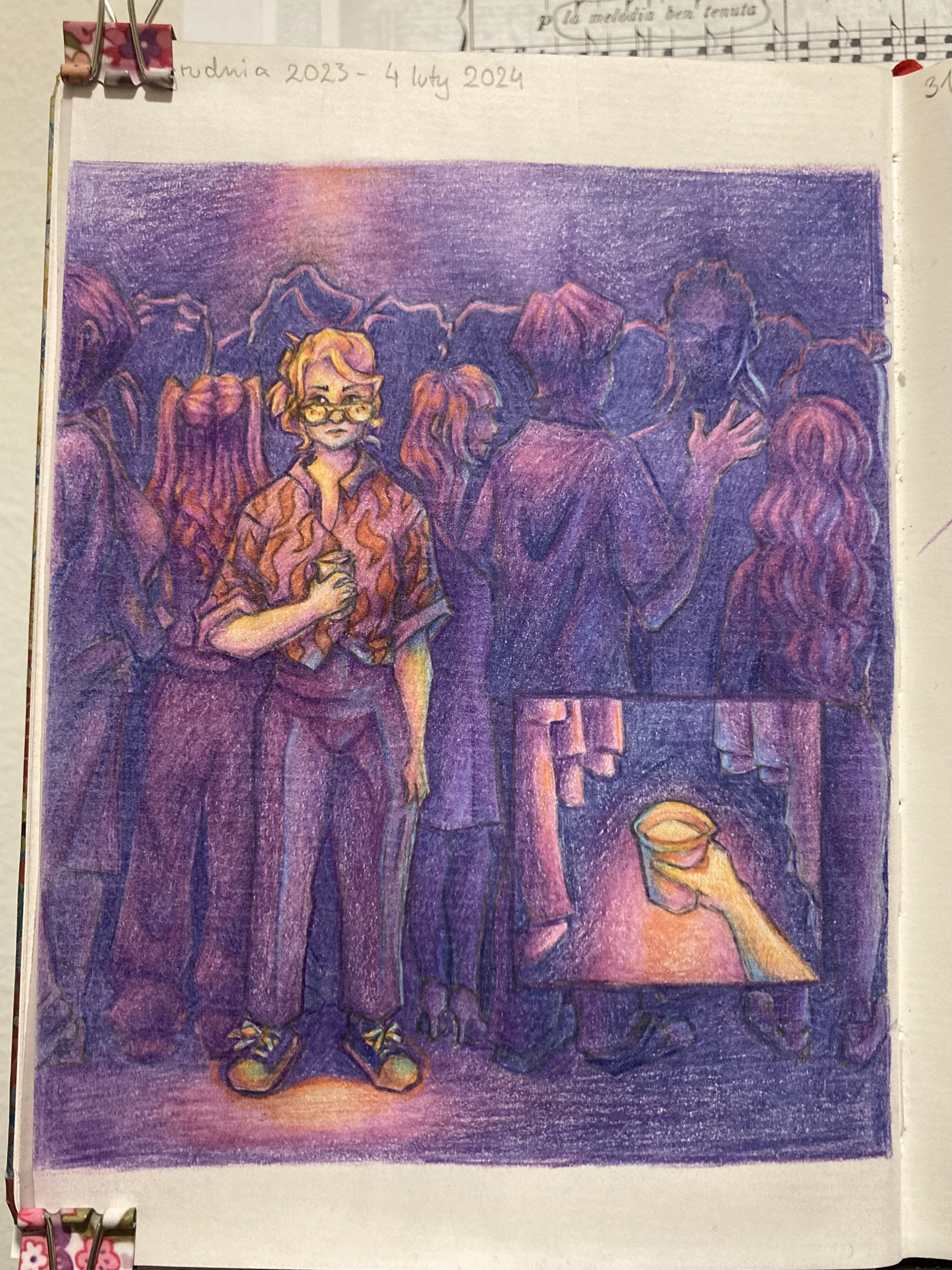 A drawing showing a nervous girl at a party.