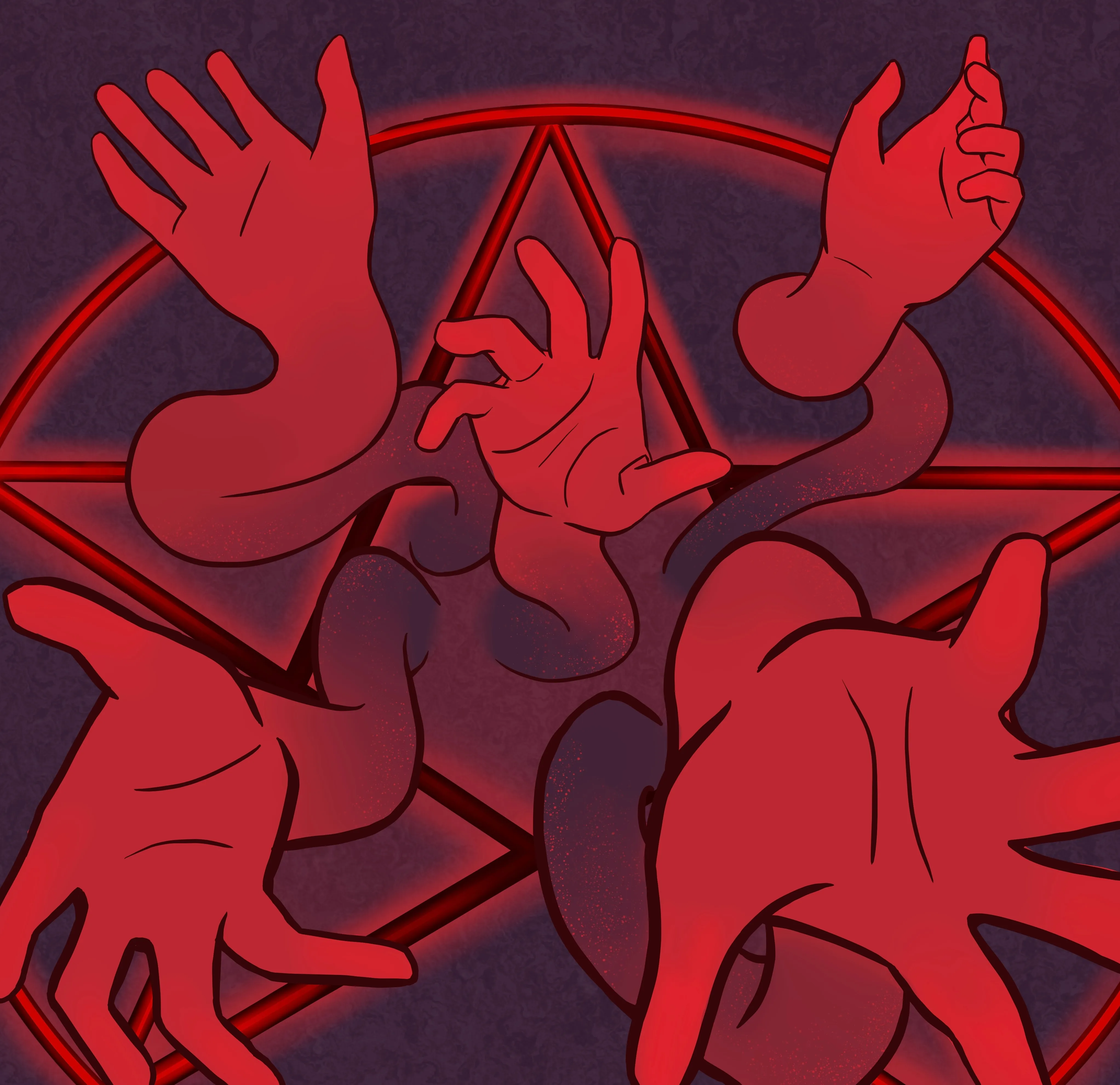 A drawing showing five red hands coming out of a pentagram.