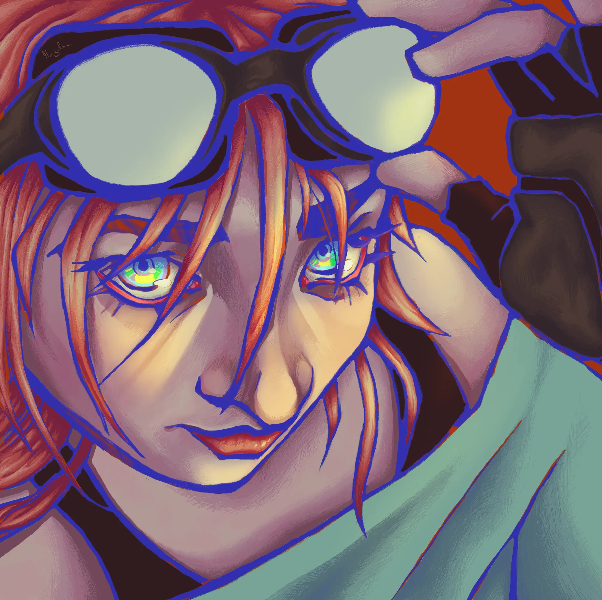 A drawing showing a close-up of a girl holding goggles.