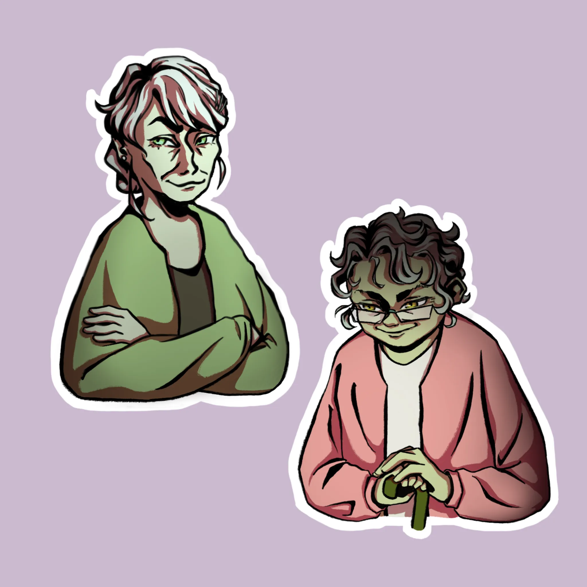 A sticker-like illustration showing 2 grandmas looking mischevious.