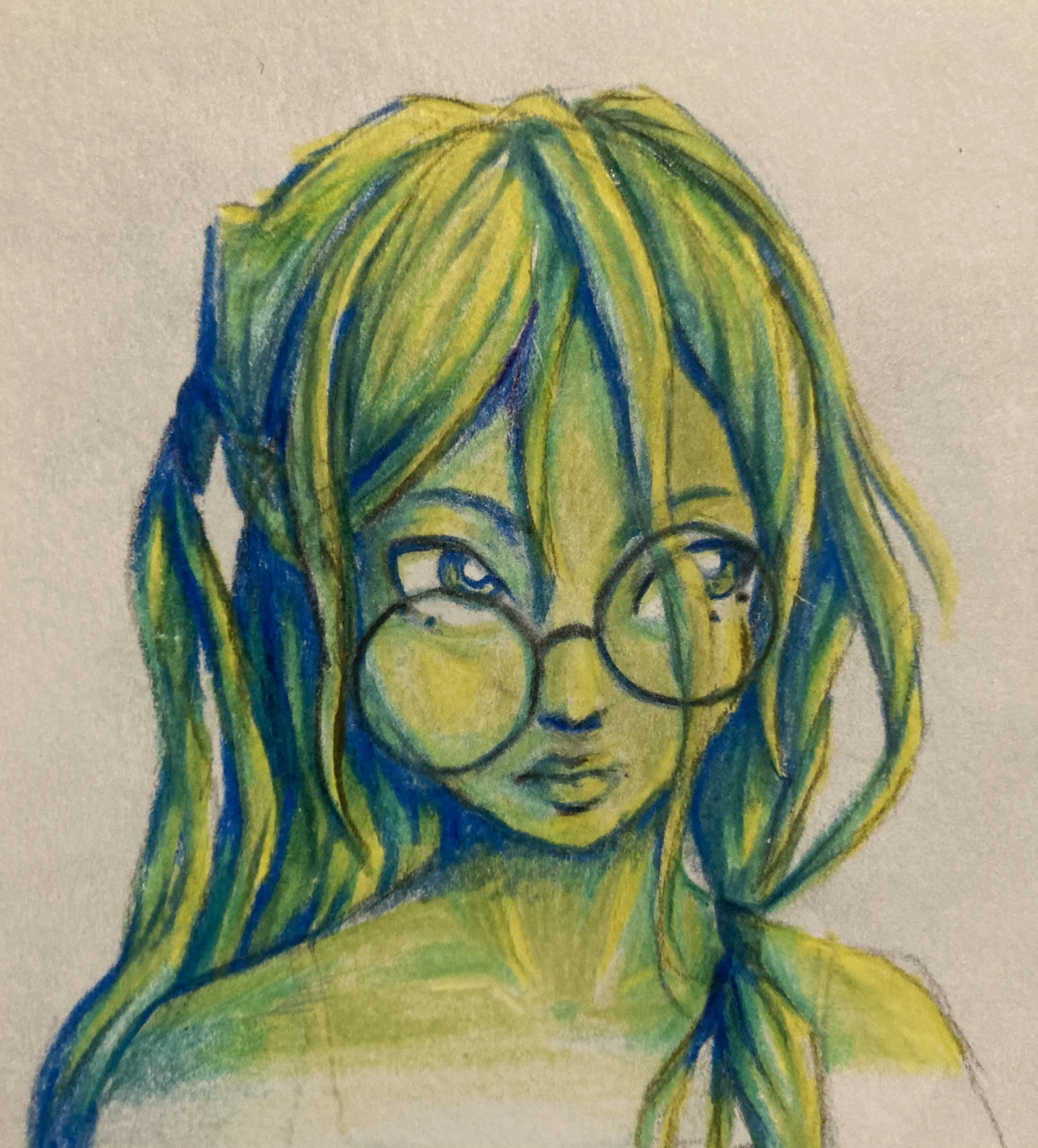 A drawing showing a disheveled girl in green light.