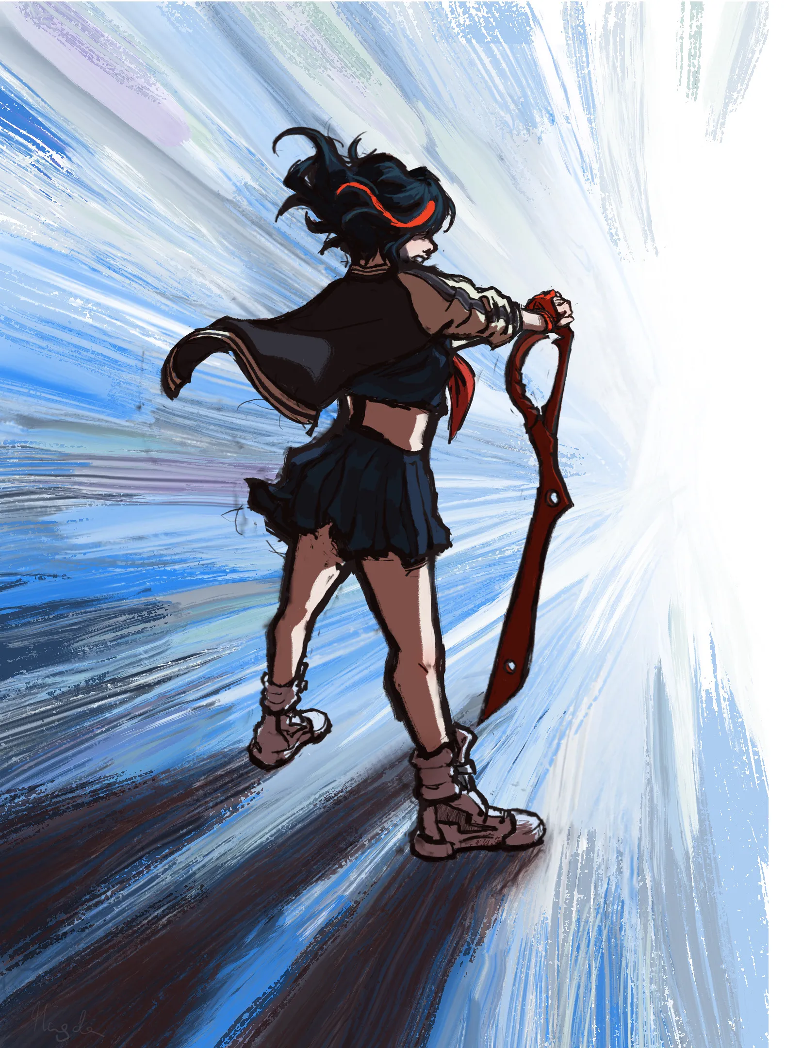 A drawing showing the character Ryuko for Kill la Kill from behind holding a blade against incoming wind.
