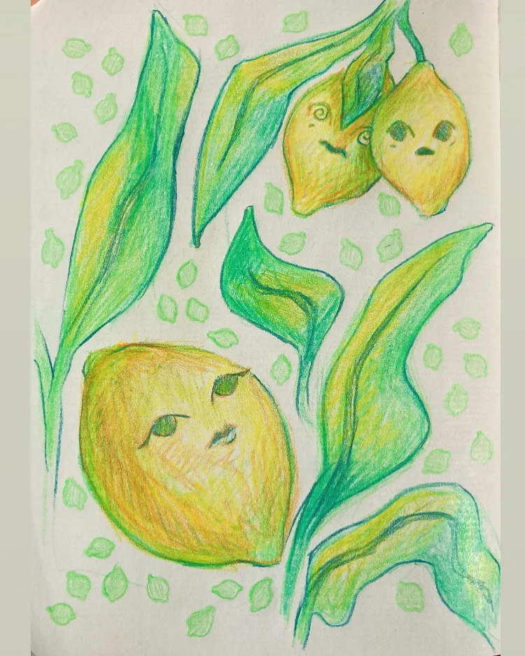 A drawing showing lemons with faces.