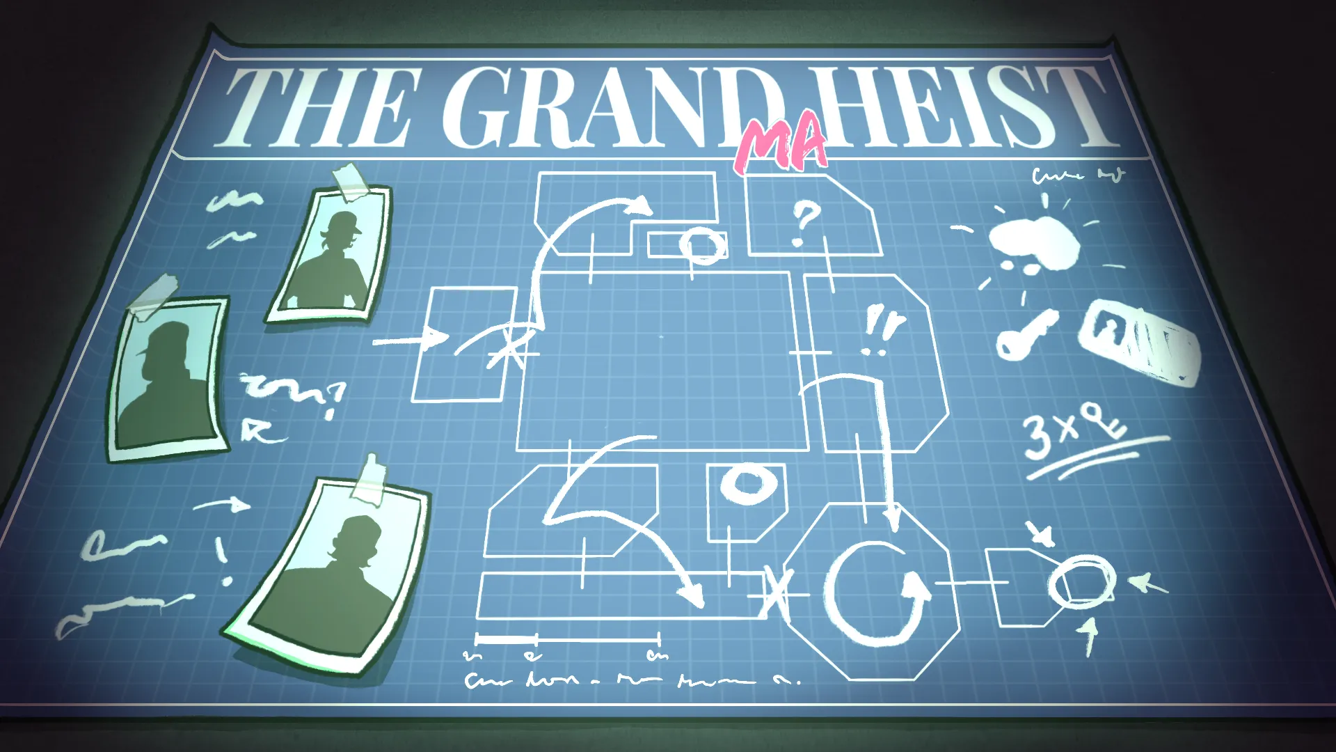 A drawing showing the game menu for The Grandma Heist, featuring a blueprint map of a bank.