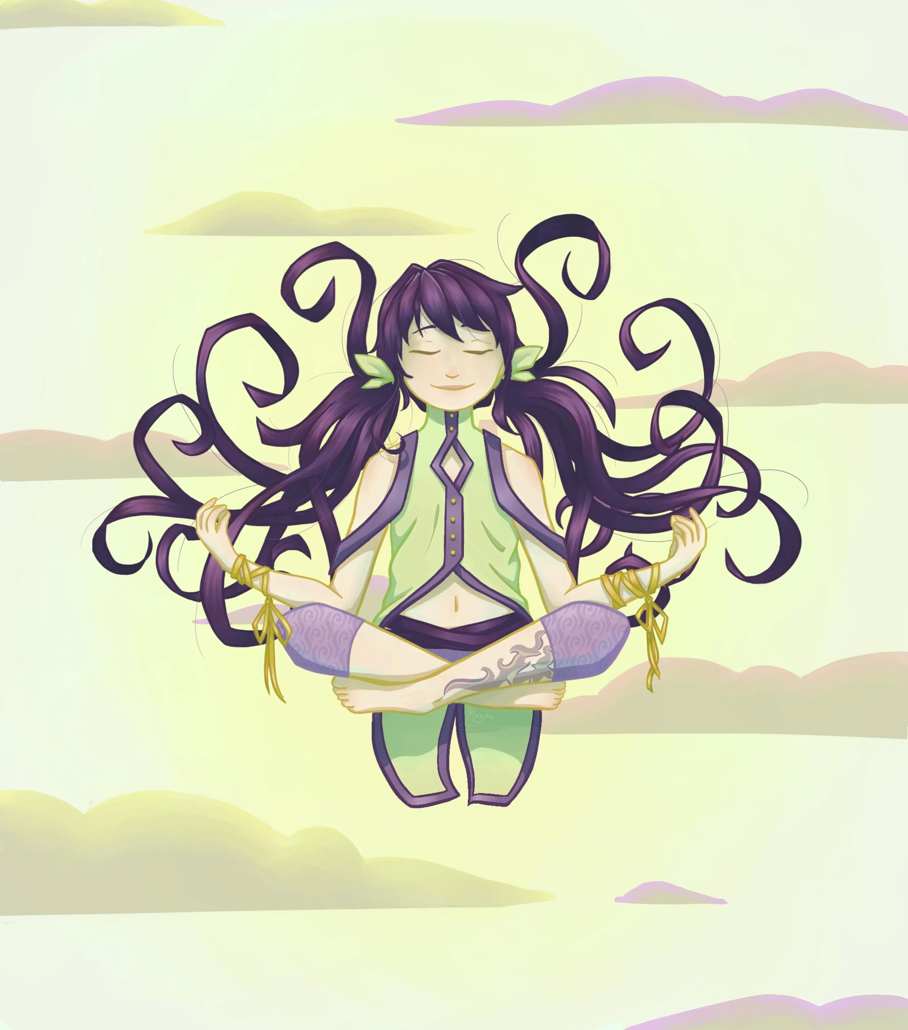 A drawing showing a girl floating in the air in a meditating position.