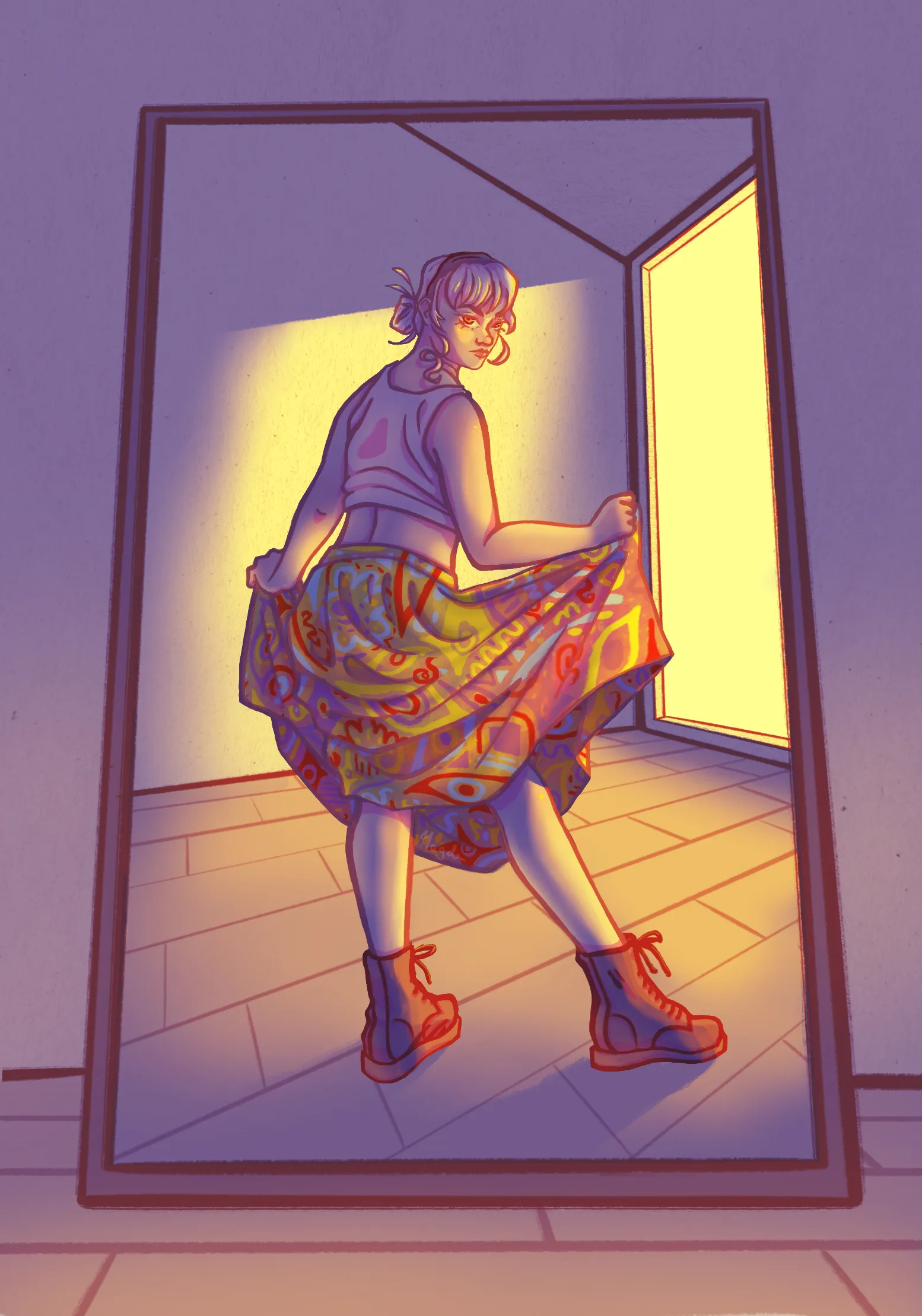 A drawing showing a girl in a patterned skirt posing in front of a mirror.