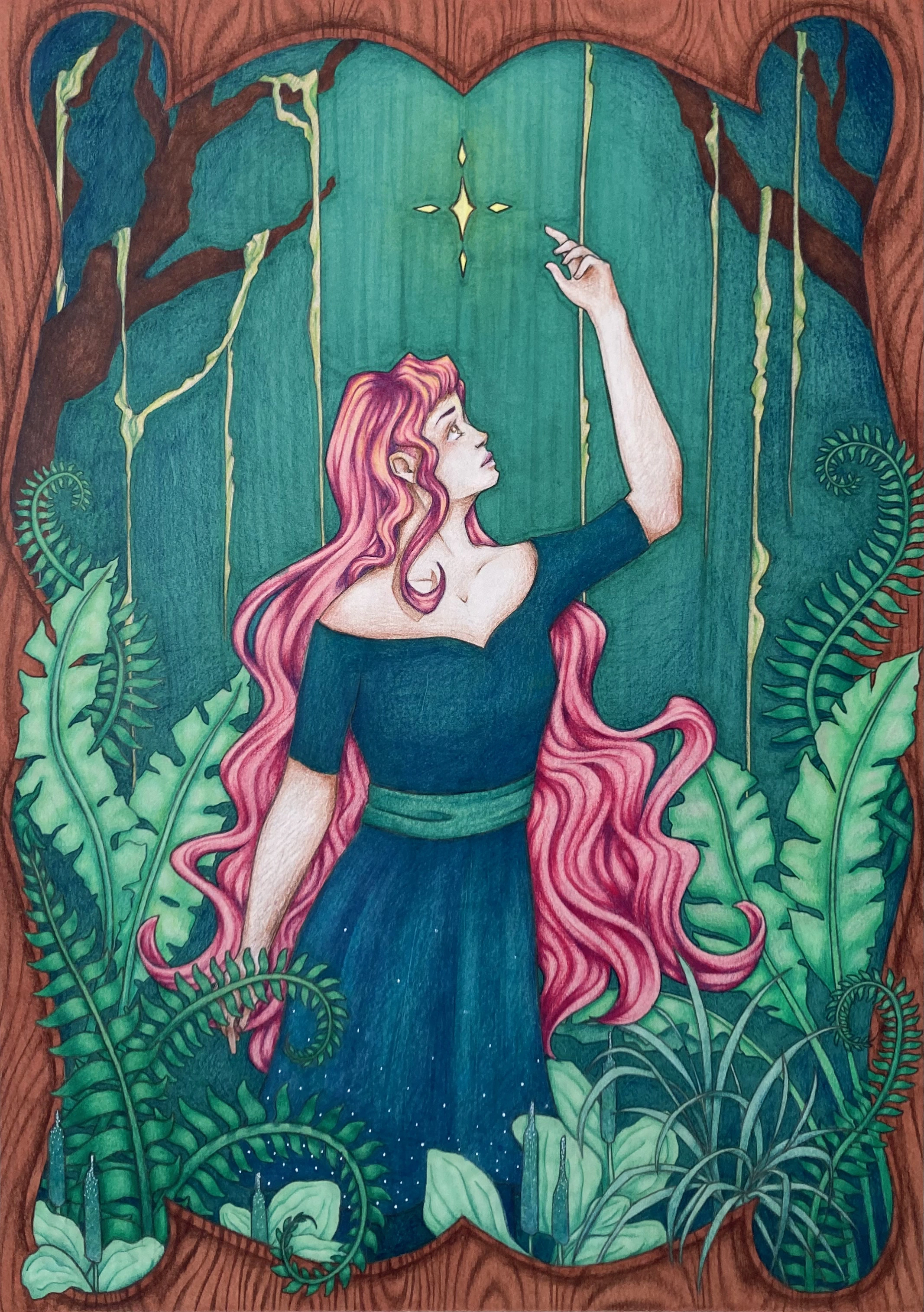 A drawing showing a pink haired girl among plants.