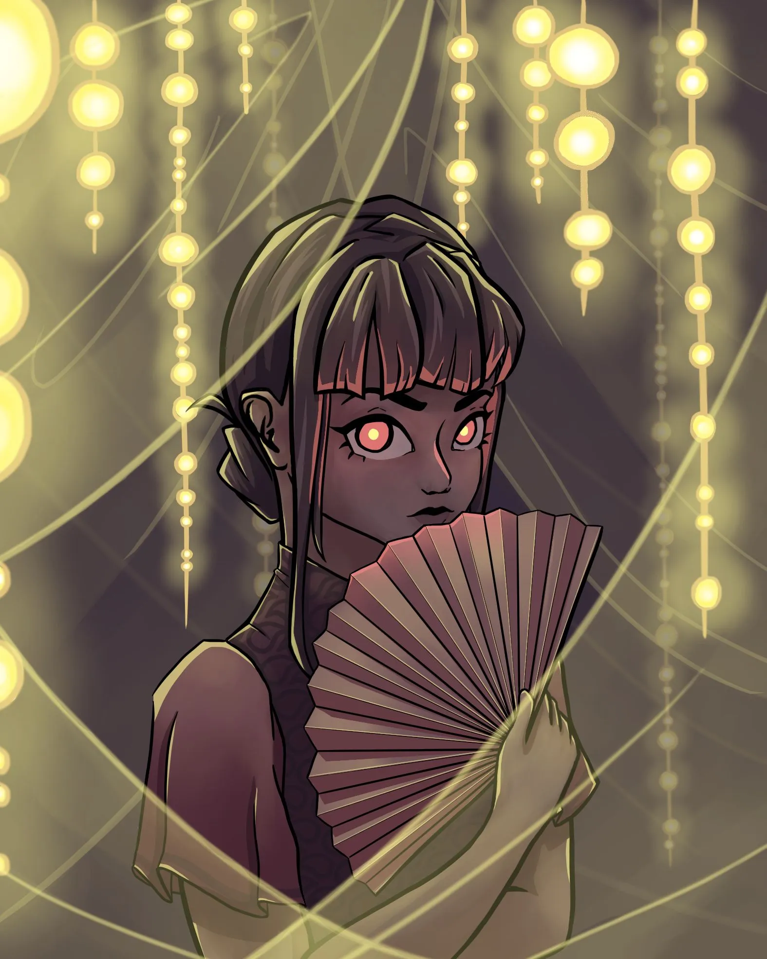 A drawing showing a girl with a fan among decorative lights.