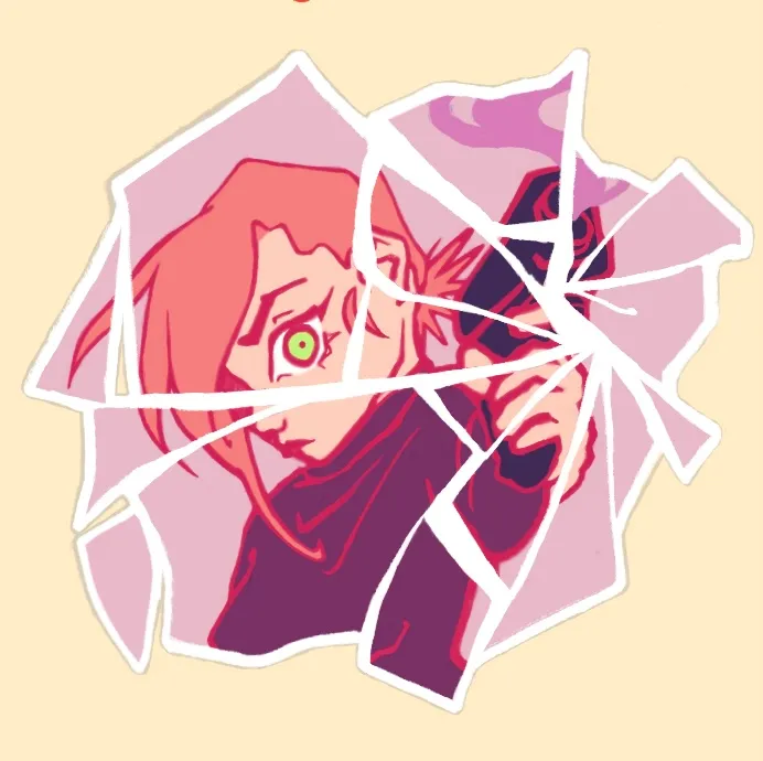 A sticker-like illustration showing the reflection of a girl having shot a gun at a mirror.