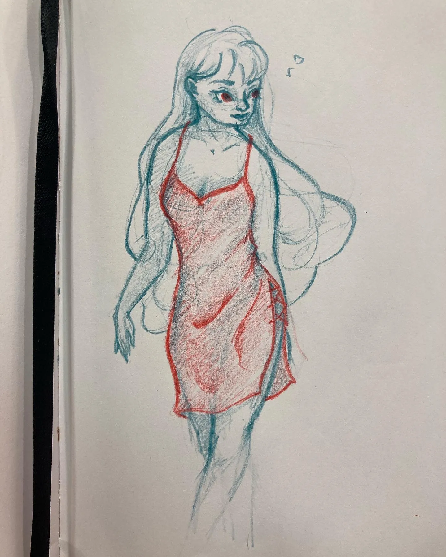 A pencil drawing showing a girl in a red dress.