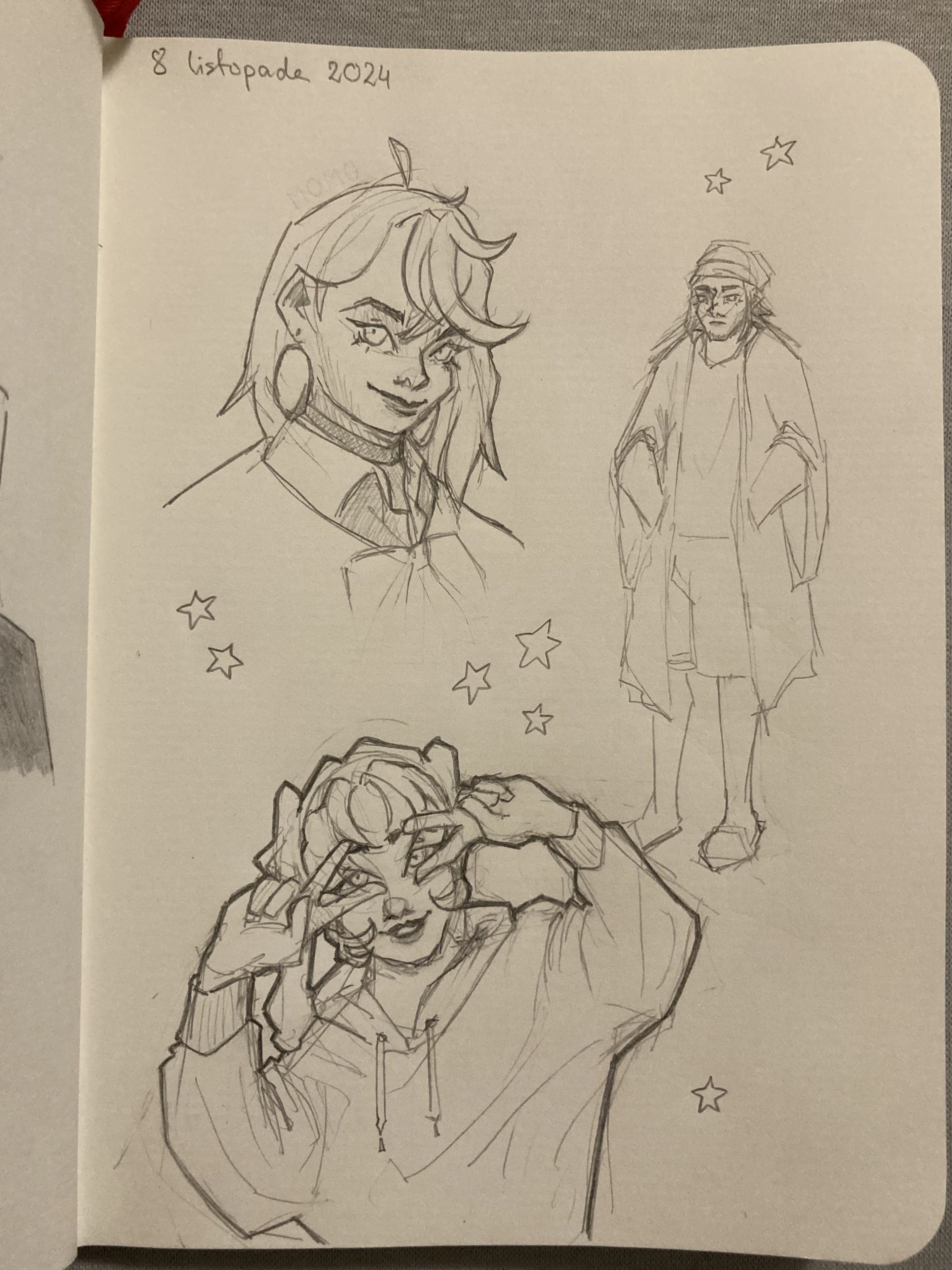 A pencil drawing showing 3 characters in different positions.