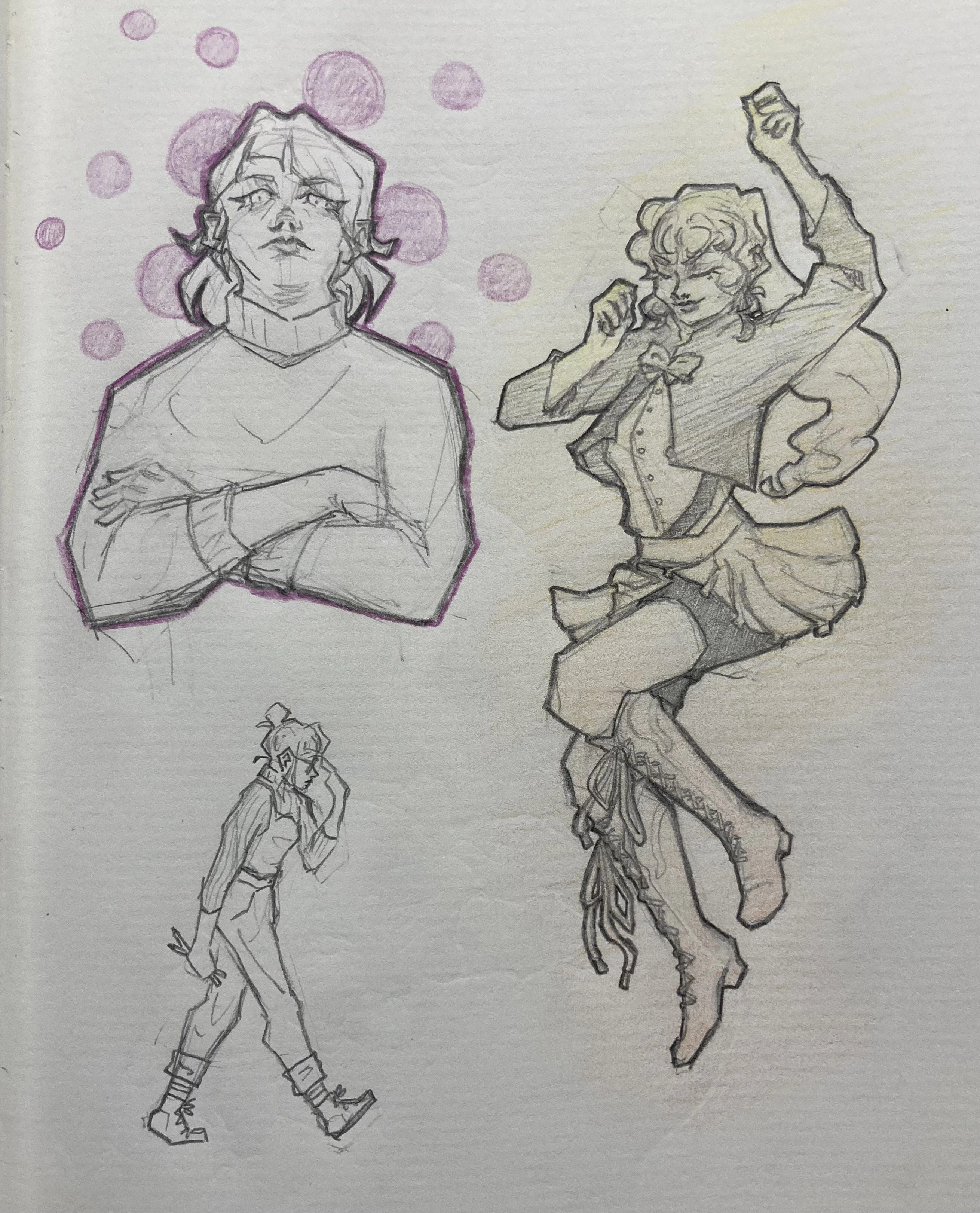 A pencil drawing showing 3 girl characters in different positions.