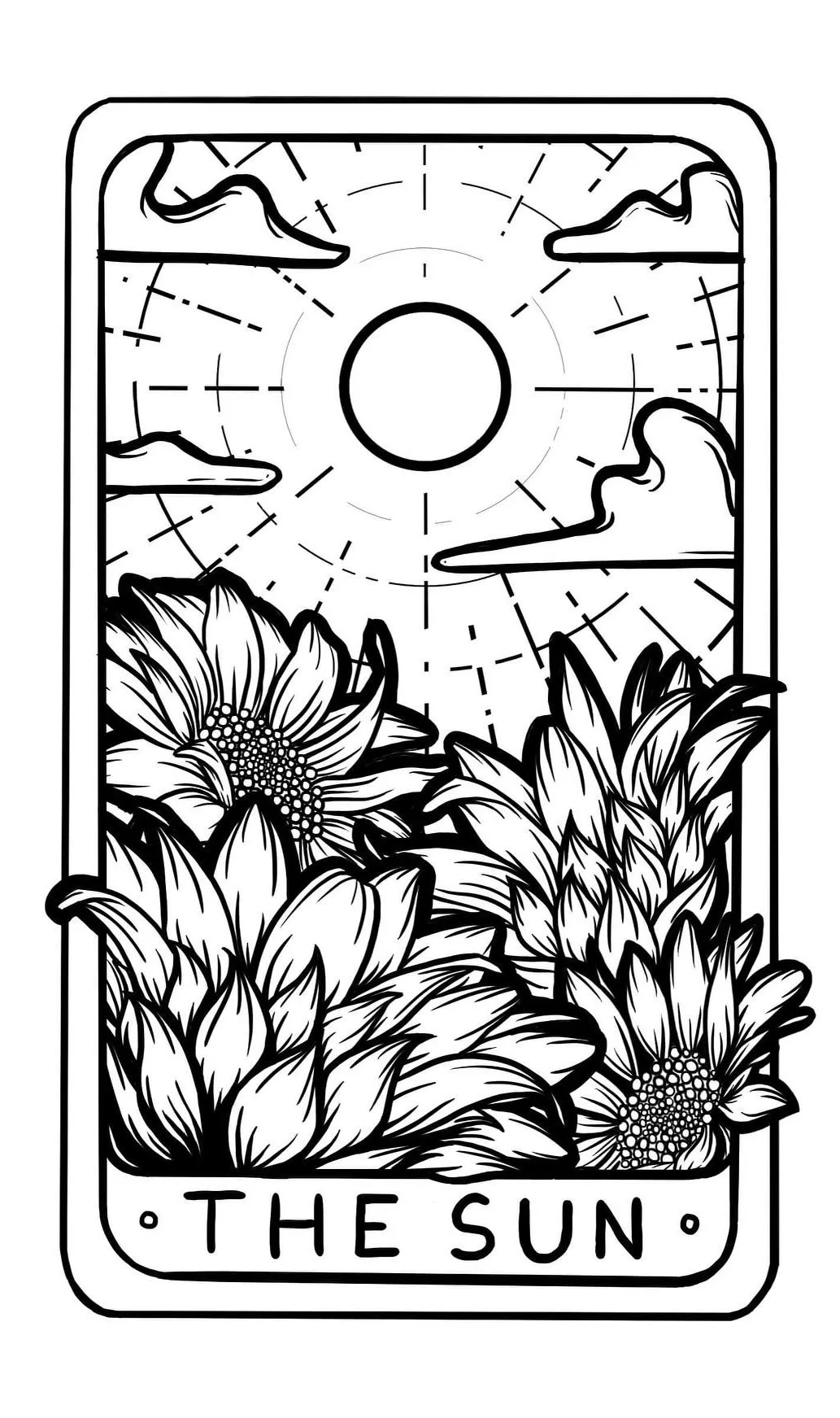 A black and white drawing showing the sun tarot card featuring a sun and sunflowers.