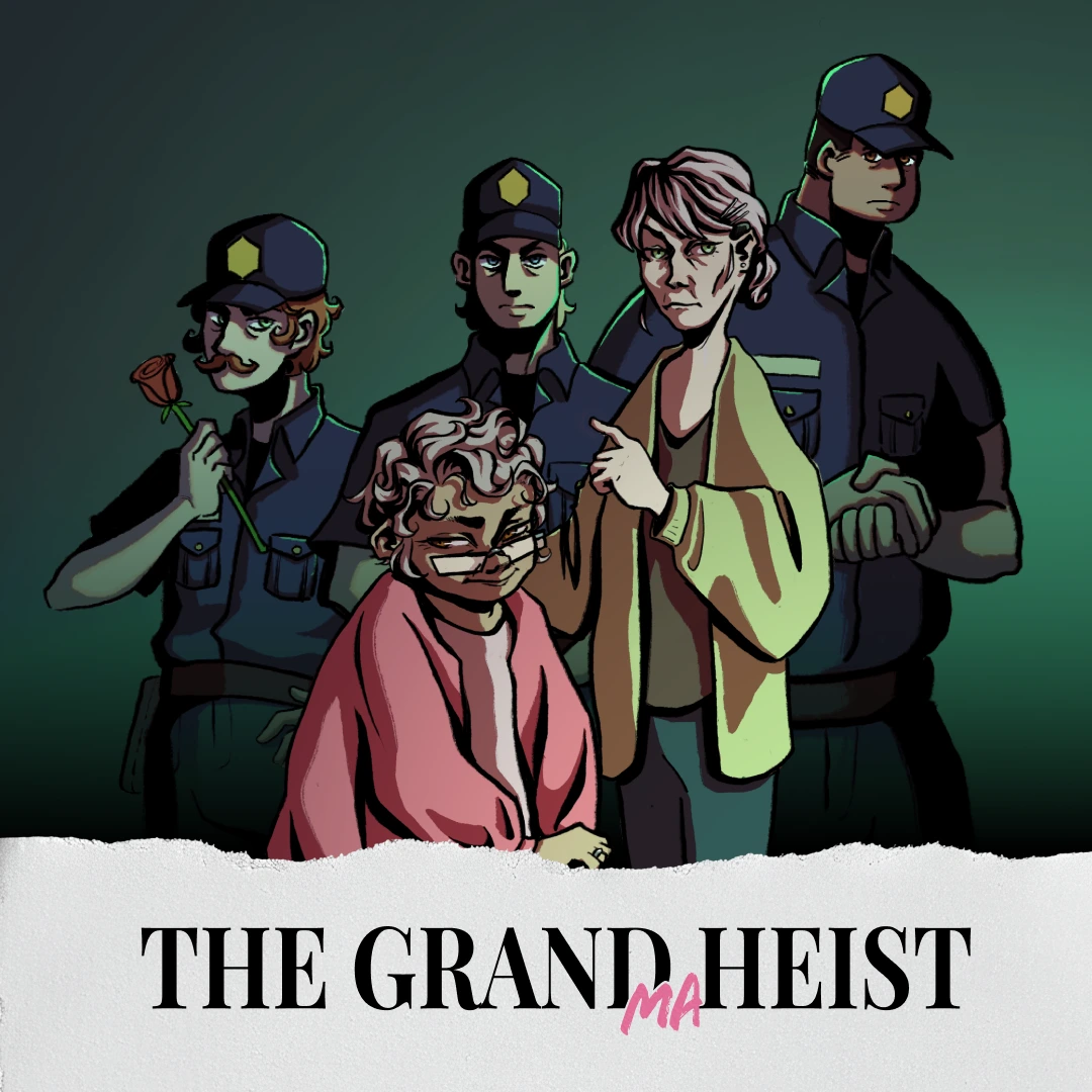 Album picture for the Grandma Heist showing a drawing of 2 grandmas standing in front of 3 guards.