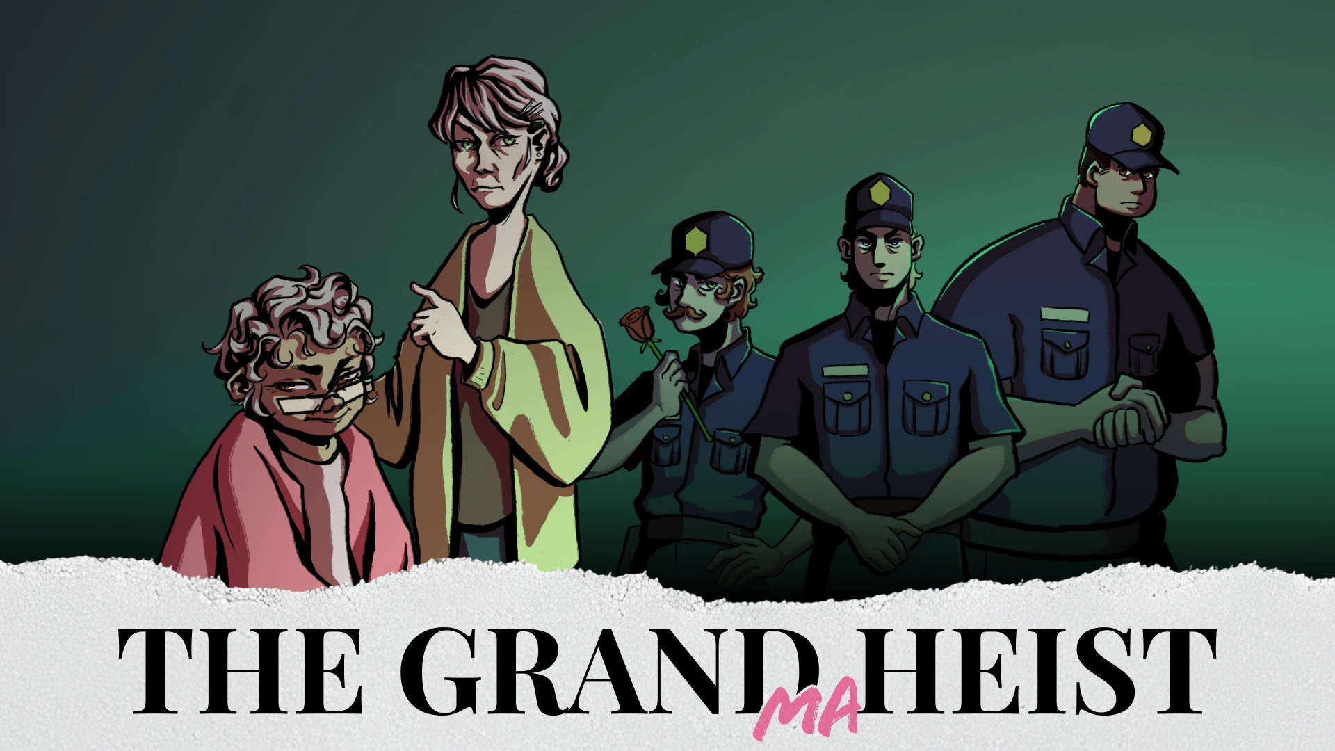 A promotional banner for The Grandma Heist featuring 2 grandmas in the foreground, and 3 guards in the background.
