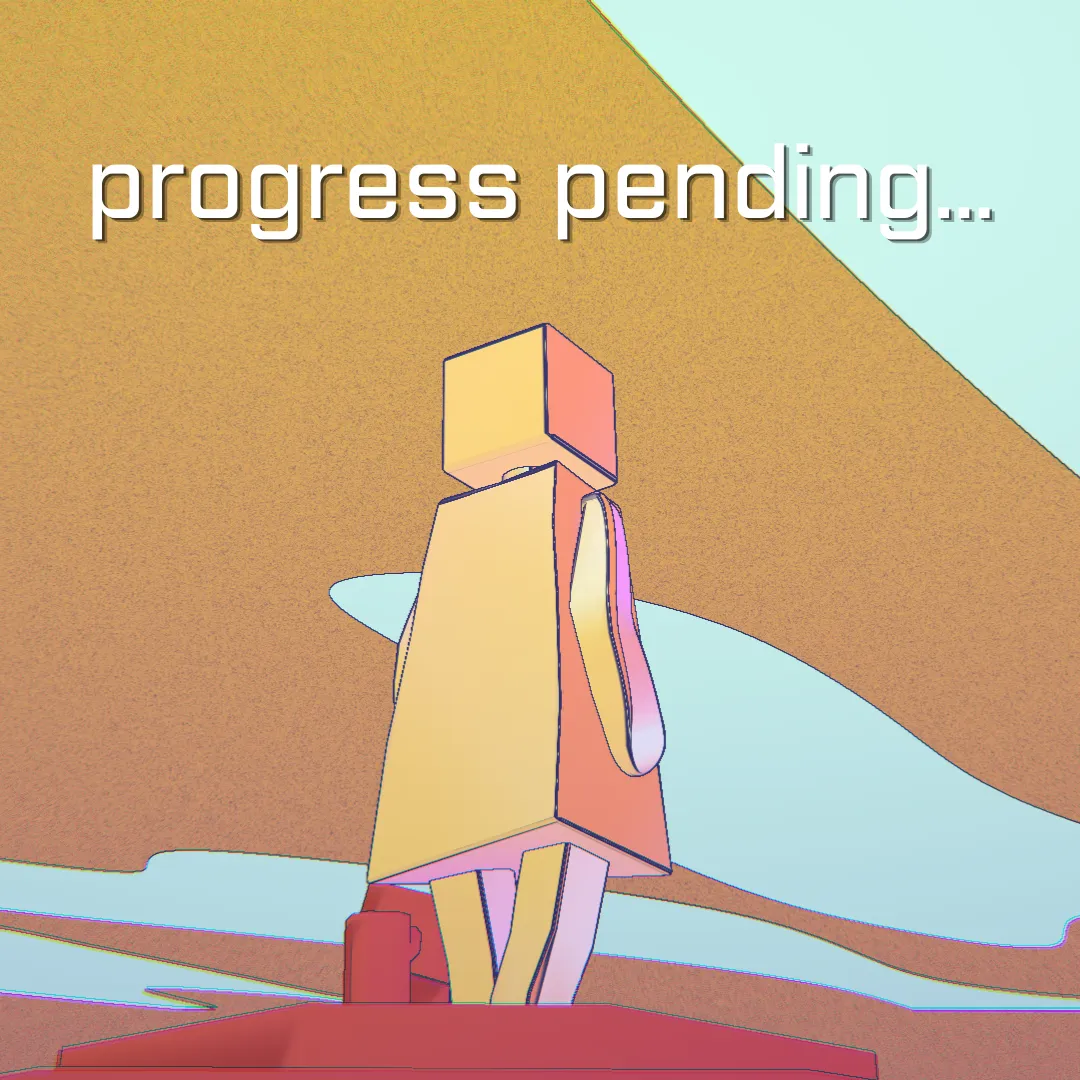 Album picture for Progress Pending showing a simple 3d person on a colorful sky backdrop.