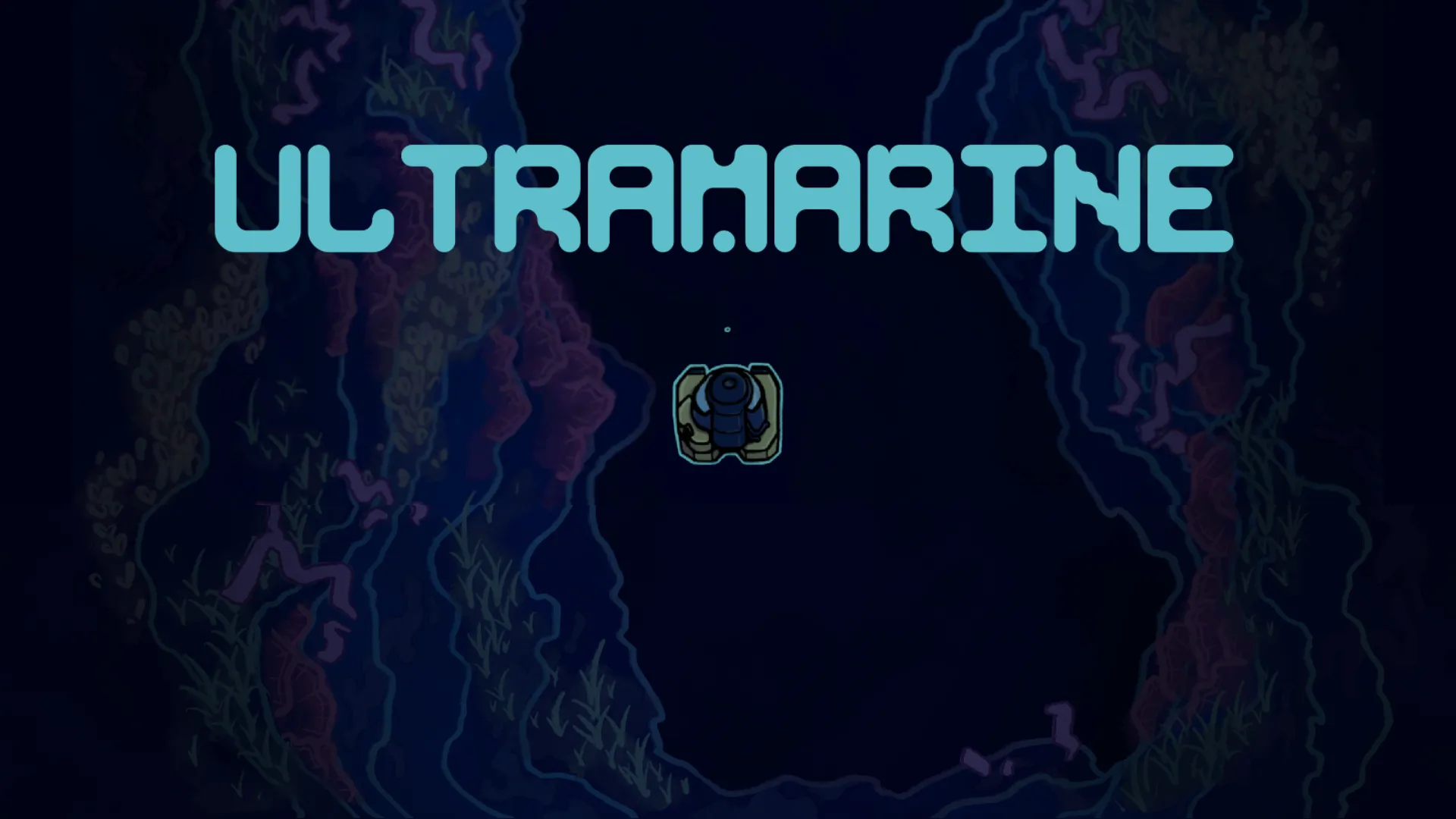 A screenshot from the game Ultramarine showing a small submarine in a dark underwater trench.